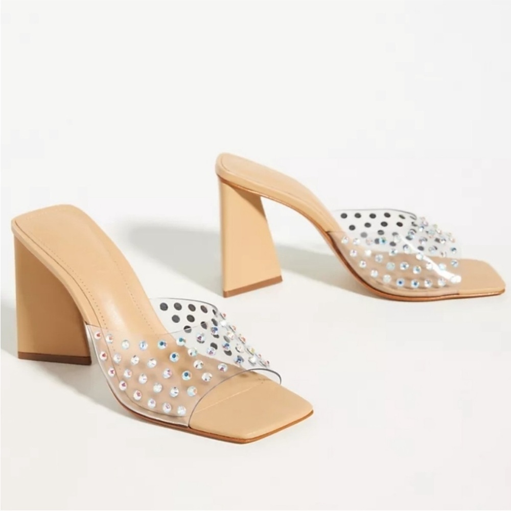 SCHUTZ Nude Block Heel Mules with Crystal-Studded Clear Strap